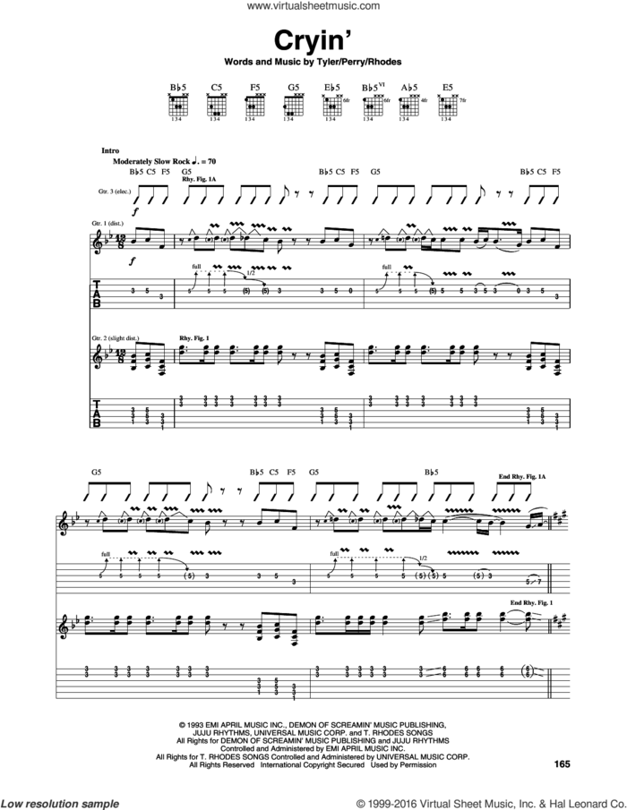 Cryin' sheet music for guitar (tablature) by Aerosmith, Joe Perry, Steven Tyler and Taylor Rhodes, intermediate skill level