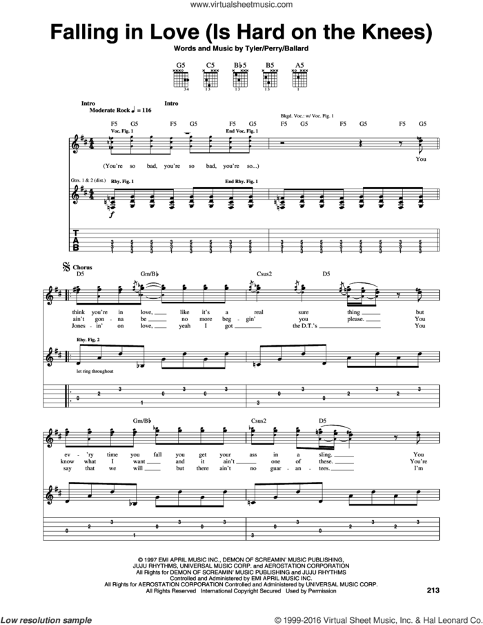 Falling In Love (Is Hard On The Knees) sheet music for guitar (tablature) by Aerosmith, Glen Ballard, Joe Perry and Steven Tyler, intermediate skill level