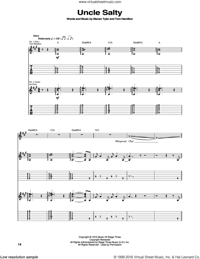 Uncle Salty sheet music for guitar (tablature) by Aerosmith, Steven Tyler and Tom Hamilton, intermediate skill level