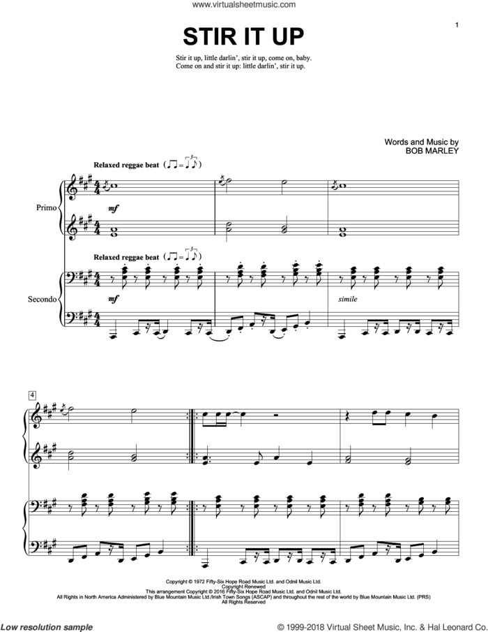 Stir It Up sheet music for piano four hands by Bob Marley and Brent Edstrom, intermediate skill level