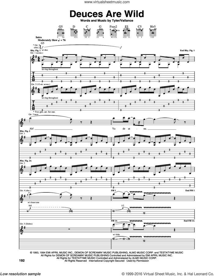 Deuces Are Wild sheet music for guitar (tablature) by Aerosmith, Jim Vallance and Steven Tyler, intermediate skill level