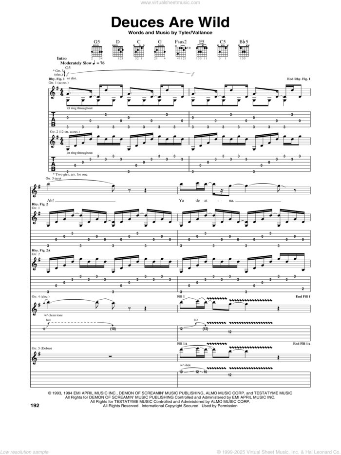 Deuces Are Wild sheet music for guitar (tablature) by Aerosmith, Jim Vallance and Steven Tyler, intermediate skill level