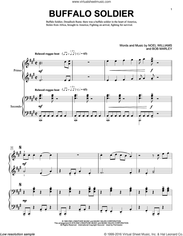 Buffalo Soldier sheet music for piano four hands by Bob Marley, Brent Edstrom and Noel Williams, intermediate skill level