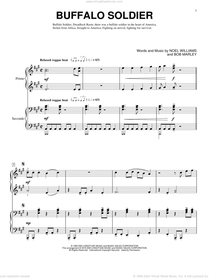 Buffalo Soldier sheet music for piano four hands by Bob Marley, Brent Edstrom and Noel Williams, intermediate skill level