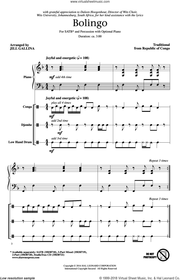 Bolingo sheet music for choir (SATB: soprano, alto, tenor, bass) by Jill Gallina, Congo and Traditional from Republic Of, intermediate skill level