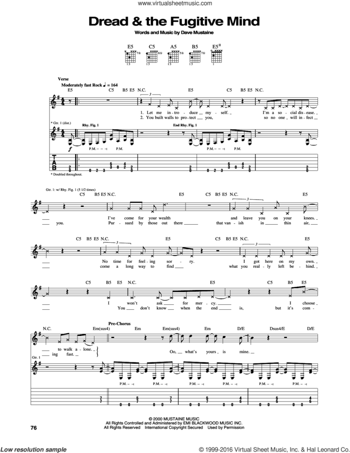Dread and The Fugitive Mind sheet music for guitar (tablature) by Megadeth and Dave Mustaine, intermediate skill level