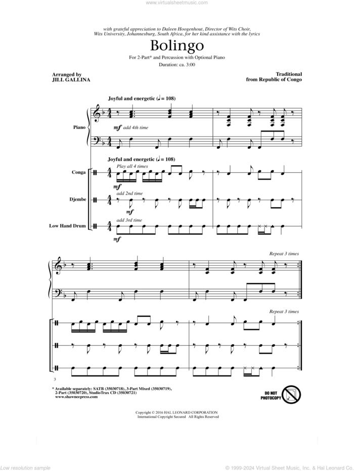 Bolingo sheet music for choir (2-Part) by Jill Gallina, Congo and Traditional from Republic Of, intermediate duet