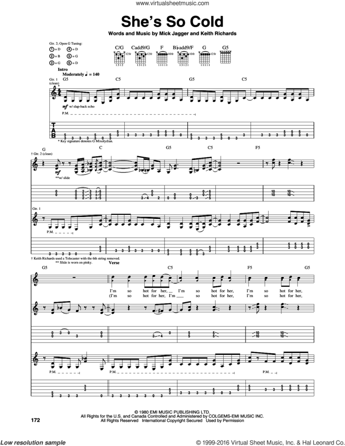 She's So Cold sheet music for guitar (tablature) by The Rolling Stones, Keith Richards and Mick Jagger, intermediate skill level