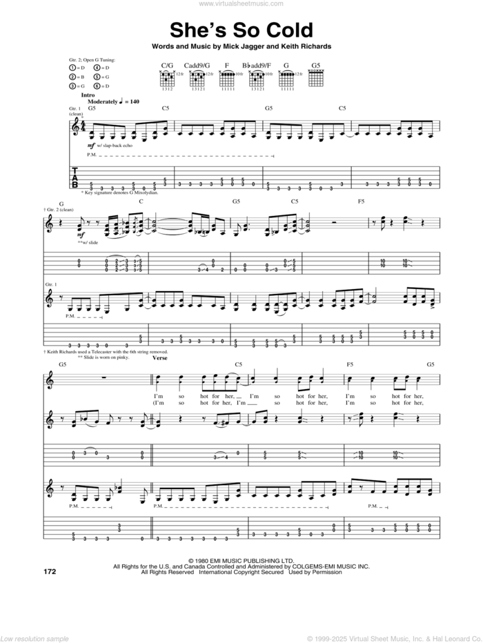 She's So Cold sheet music for guitar (tablature) by The Rolling Stones, Keith Richards and Mick Jagger, intermediate skill level