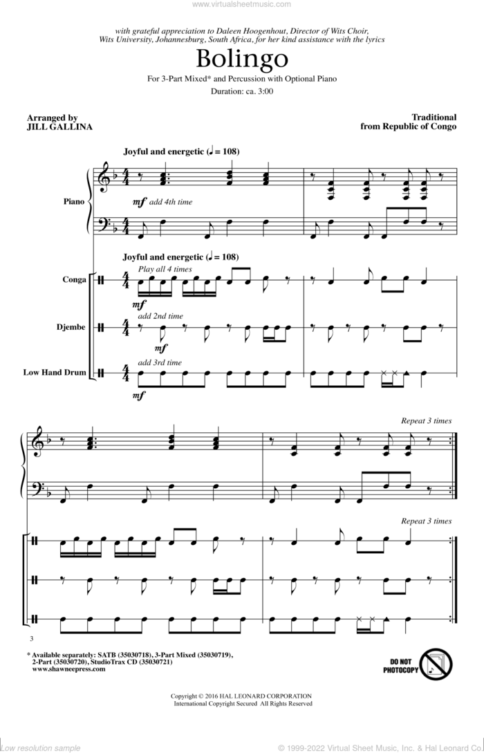 Bolingo sheet music for choir (3-Part Mixed) by Jill Gallina, Congo and Traditional from Republic Of, intermediate skill level