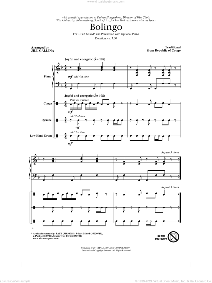 Bolingo sheet music for choir (3-Part Mixed) by Jill Gallina, Congo and Traditional from Republic Of, intermediate skill level