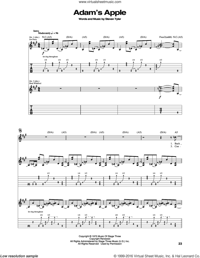 Adam's Apple sheet music for guitar (tablature) by Aerosmith and Steven Tyler, intermediate skill level