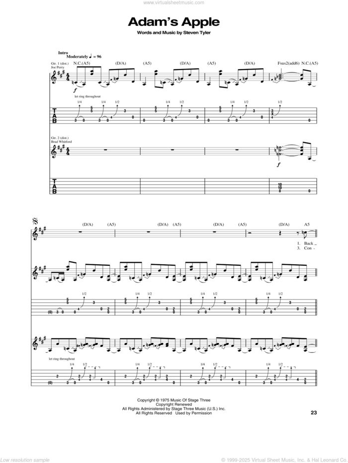 Adam's Apple sheet music for guitar (tablature) by Aerosmith and Steven Tyler, intermediate skill level