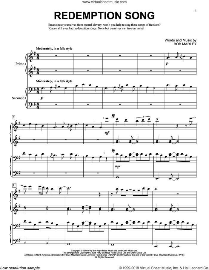 Redemption Song sheet music for piano four hands by Bob Marley, Brent Edstrom and Rihanna, intermediate skill level