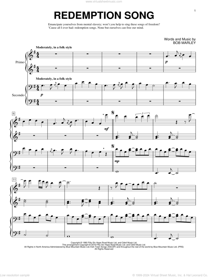 Redemption Song sheet music for piano four hands by Bob Marley, Brent Edstrom and Rihanna, intermediate skill level