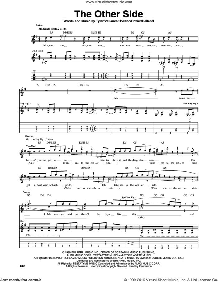 The Other Side sheet music for guitar (tablature) by Aerosmith, Brian Holland, Edward Holland, Jr., Jim Vallance, Lamont Dozier and Steven Tyler, intermediate skill level
