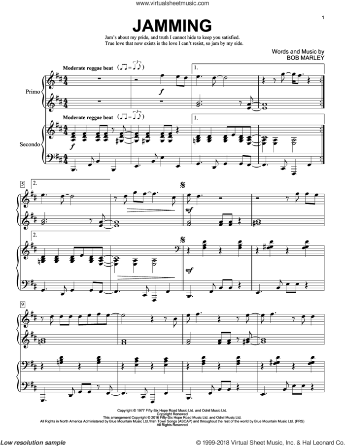 Jamming sheet music for piano four hands by Bob Marley and Brent Edstrom, intermediate skill level