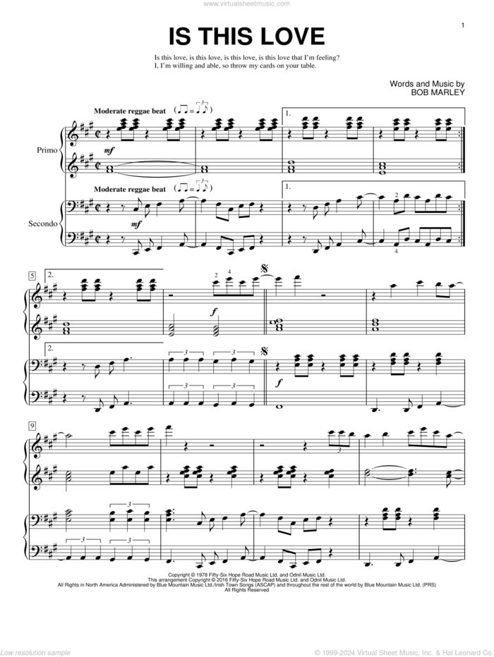 Is This Love sheet music for piano four hands by Bob Marley and Brent Edstrom, intermediate skill level