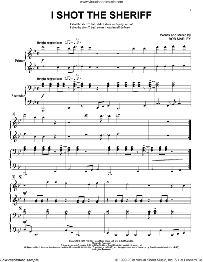 I Shot The Sheriff sheet music for piano four hands by Bob Marley, Brent Edstrom, Eric Clapton and Warren G, intermediate skill level