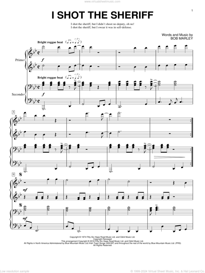 I Shot The Sheriff sheet music for piano four hands by Bob Marley, Brent Edstrom, Eric Clapton and Warren G, intermediate skill level