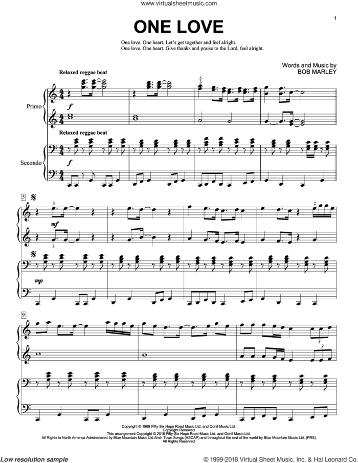 One Love sheet music for piano four hands by Bob Marley and Brent Edstrom, intermediate skill level