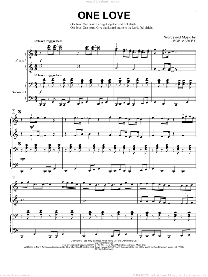 One Love sheet music for piano four hands by Bob Marley and Brent Edstrom, intermediate skill level