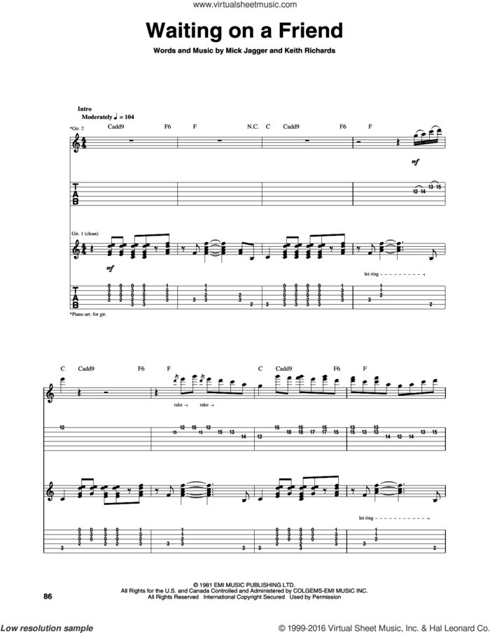 Waiting On A Friend sheet music for guitar (tablature) by The Rolling Stones, Keith Richards and Mick Jagger, intermediate skill level