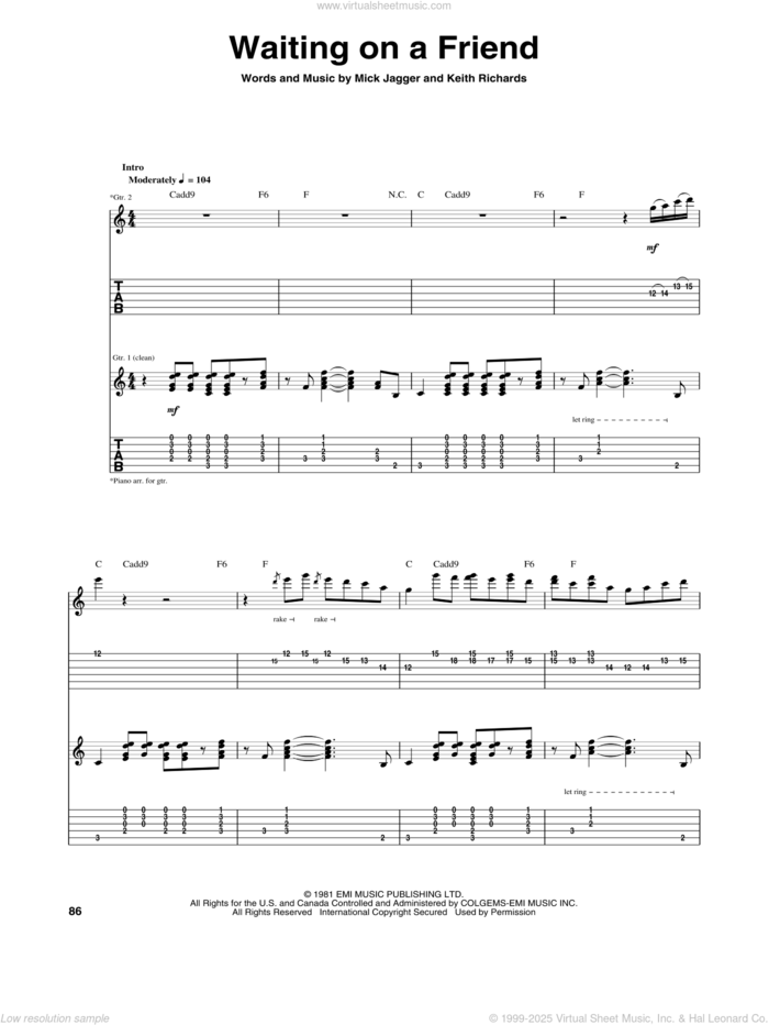 Waiting On A Friend sheet music for guitar (tablature) by The Rolling Stones, Keith Richards and Mick Jagger, intermediate skill level