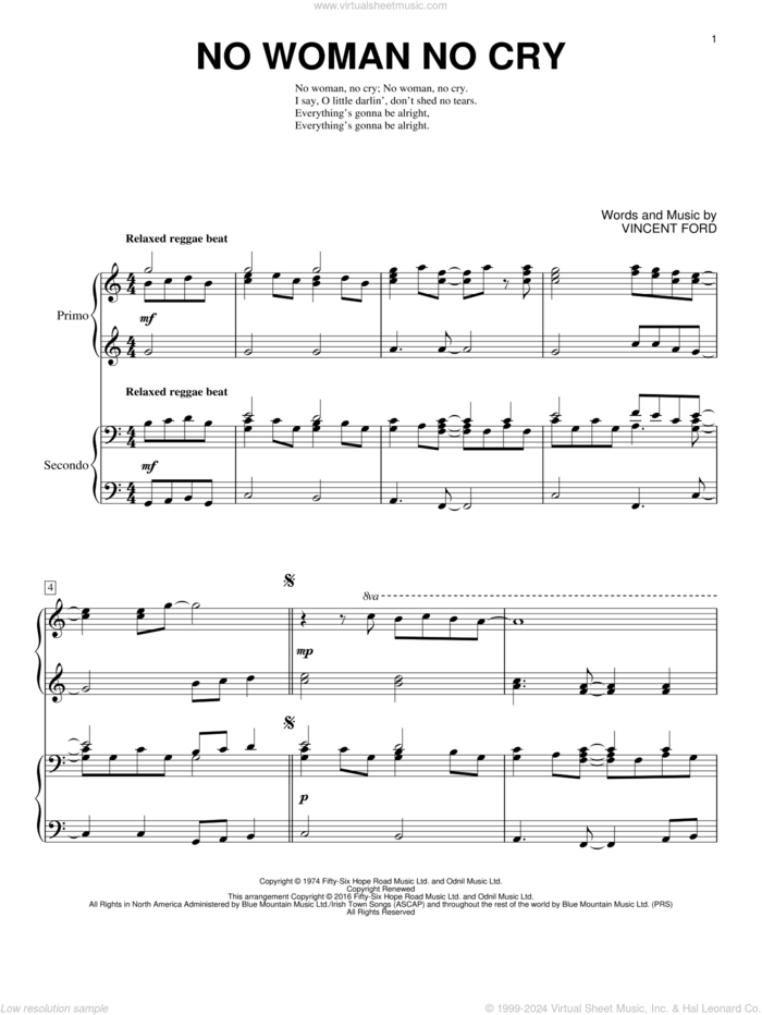 No Woman No Cry sheet music for piano four hands by Brent Edstrom, Bob Marley and Vincent Ford, intermediate skill level