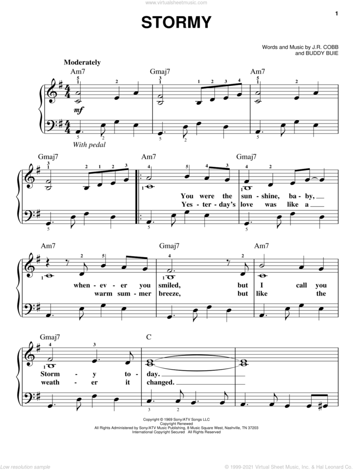 Stormy sheet music for piano solo by Classics IV, Buddy Buie and J.R. Cobb, easy skill level