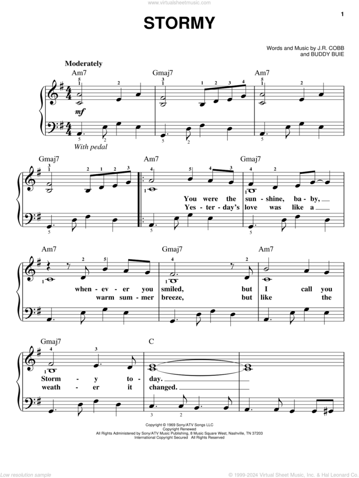 Stormy sheet music for piano solo by Classics IV, Buddy Buie and J.R. Cobb, easy skill level