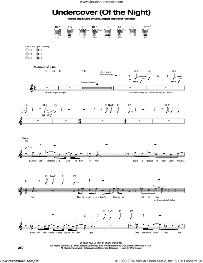 Undercover (Of The Night) sheet music for guitar (tablature) by The Rolling Stones, Keith Richards and Mick Jagger, intermediate skill level