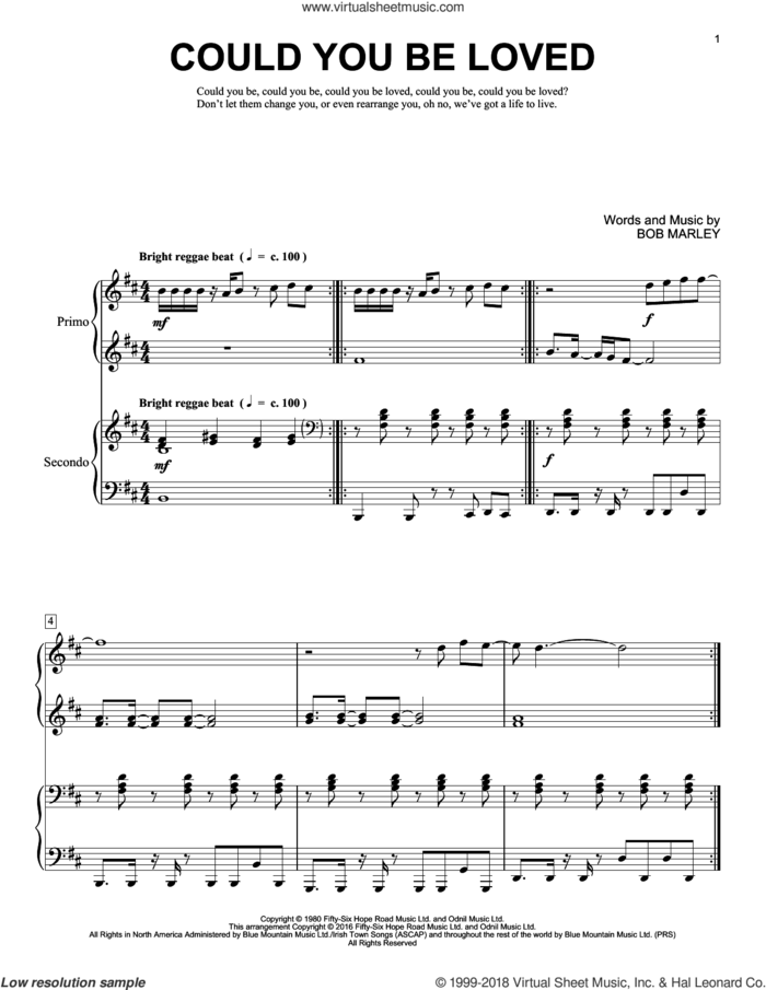 Could You Be Loved sheet music for piano four hands by Bob Marley, Brent Edstrom and Bob Marley and The Wailers, intermediate skill level