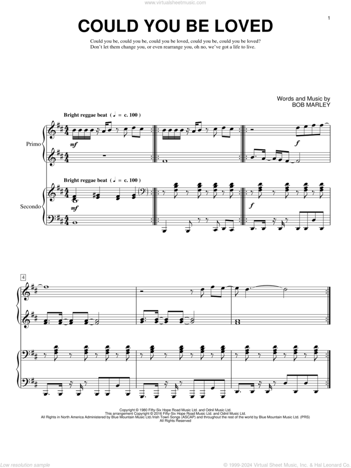 Could You Be Loved sheet music for piano four hands by Bob Marley, Brent Edstrom and Bob Marley and The Wailers, intermediate skill level