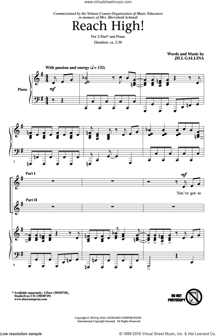 Reach High! sheet music for choir (2-Part) by Jill Gallina, intermediate duet