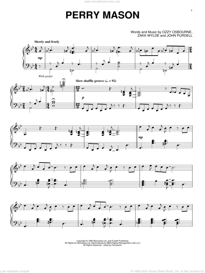 Perry Mason [Jazz version] sheet music for piano solo by Ozzy Osbourne, John Purdell and Zakk Wylde, intermediate skill level