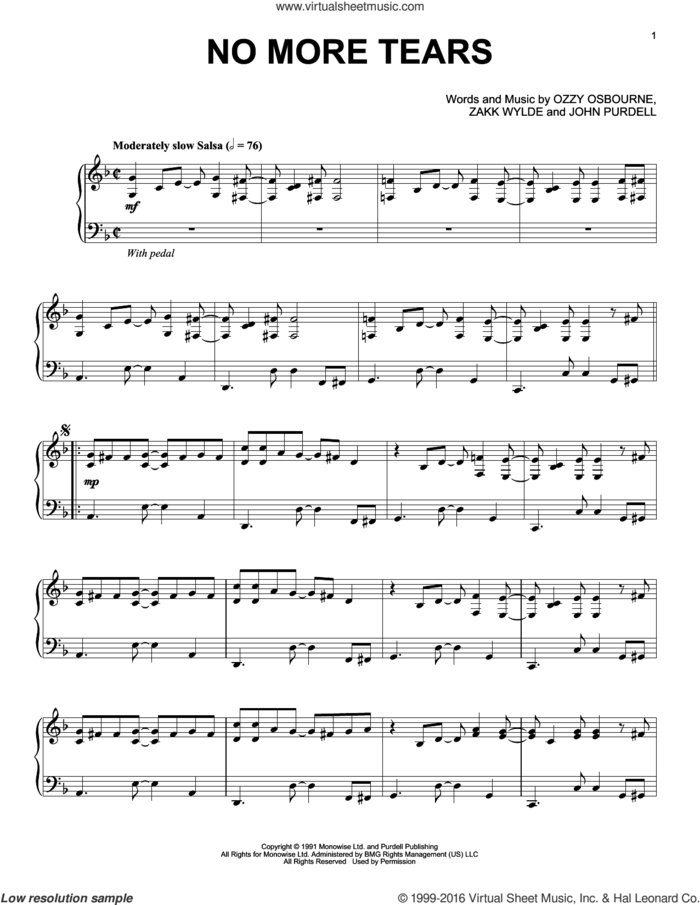 No More Tears [Jazz version] sheet music for piano solo by Ozzy Osbourne, John Purdell and Zakk Wylde, intermediate skill level