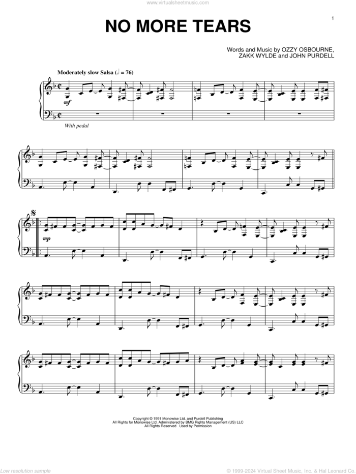 No More Tears [Jazz version] sheet music for piano solo by Ozzy Osbourne, John Purdell and Zakk Wylde, intermediate skill level