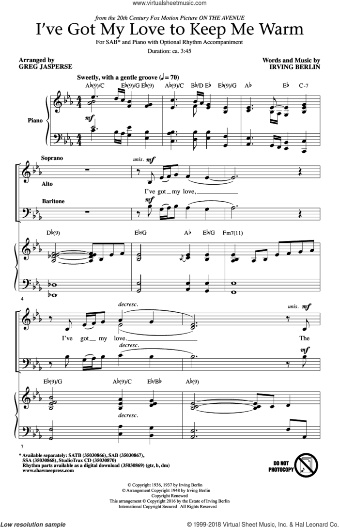 I've Got My Love To Keep Me Warm sheet music for choir (SAB: soprano, alto, bass) by Irving Berlin, Greg Jasperse and Benny Goodman, intermediate skill level