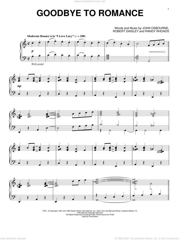 Goodbye To Romance [Jazz version] sheet music for piano solo by Ozzy Osbourne, Bob Daisley, John Osbourne and Randy Rhoads, intermediate skill level