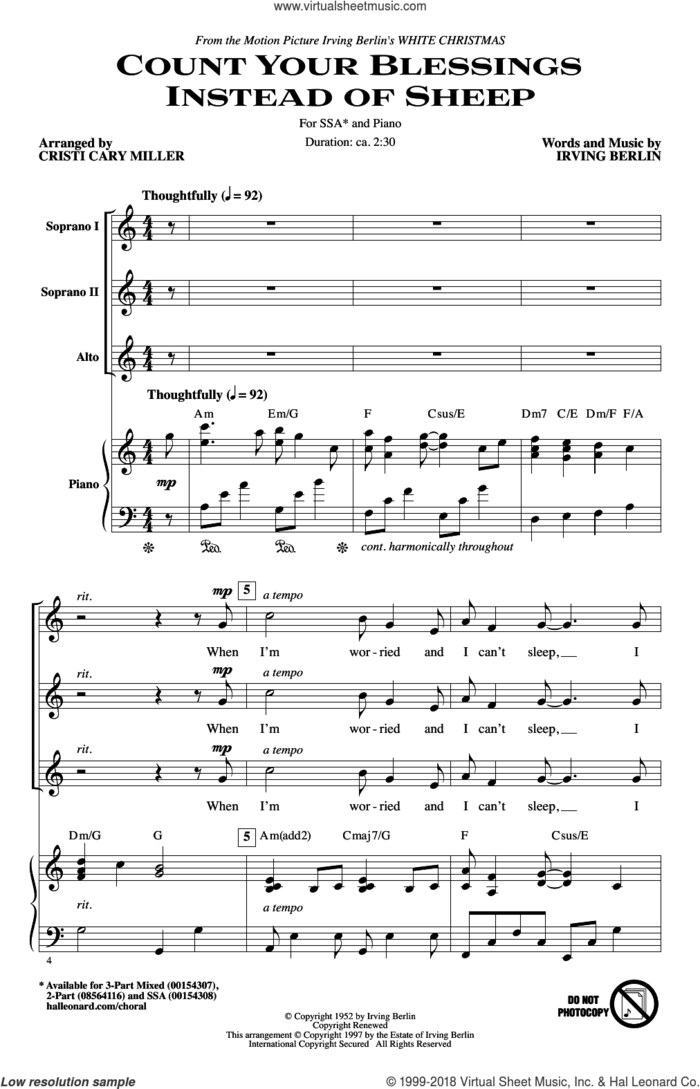 Count Your Blessings Instead Of Sheep (arr. Cristi Cary Miller) sheet music for choir (SSA: soprano, alto) by Irving Berlin, Cristi Cary Miller, Cristi Miller, Bing Crosby and Rosemary Clooney and Eddie Fisher, intermediate skill level