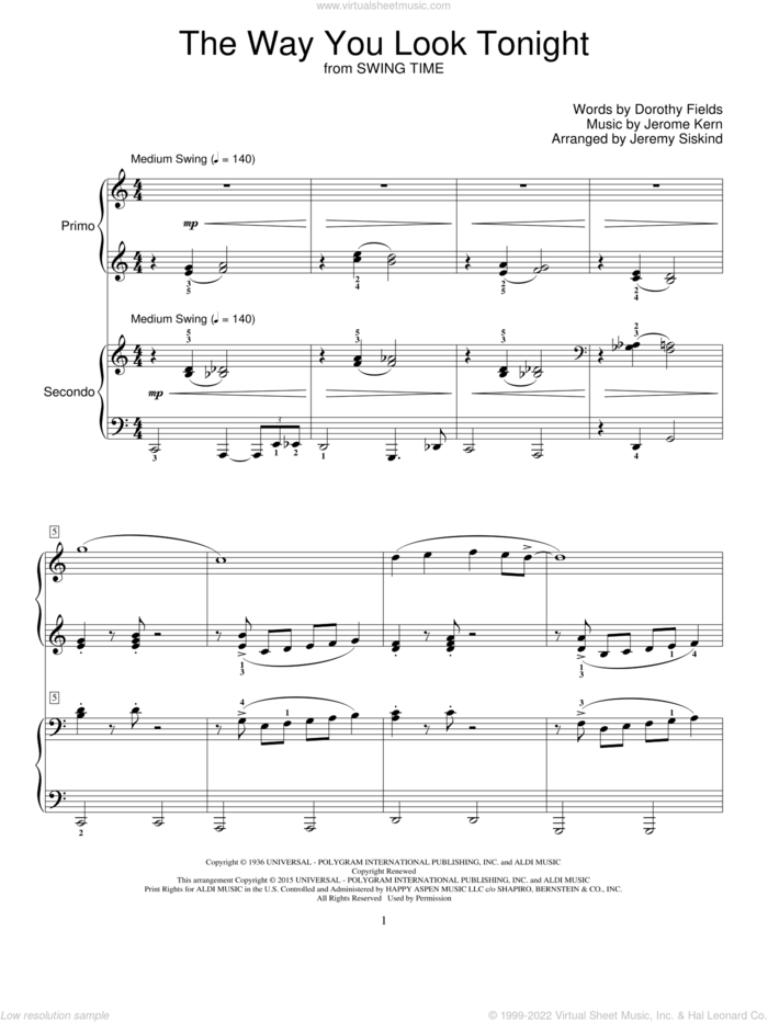 The Way You Look Tonight sheet music for piano four hands by Jerome Kern, Jeremy Siskind and Dorothy Fields, wedding score, intermediate skill level