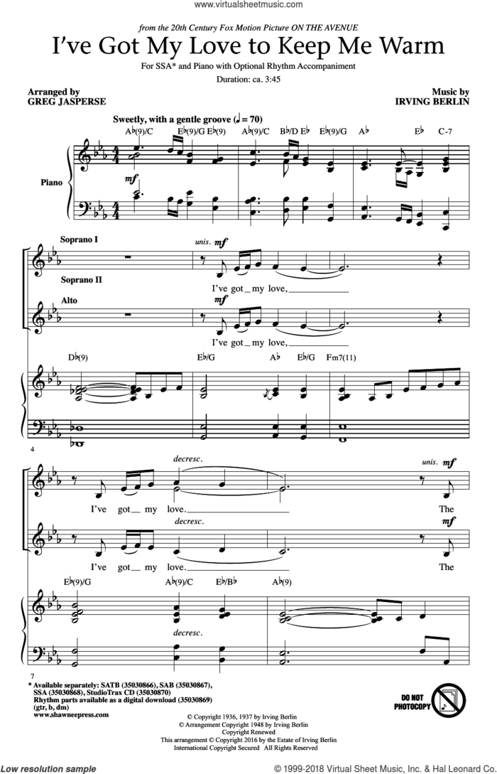 I've Got My Love To Keep Me Warm sheet music for choir (SSA: soprano, alto) by Irving Berlin, Greg Jasperse and Benny Goodman, intermediate skill level