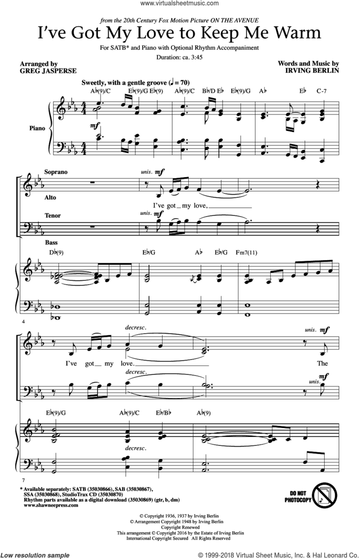 I've Got My Love To Keep Me Warm sheet music for choir (SATB: soprano, alto, tenor, bass) by Irving Berlin, Greg Jasperse and Benny Goodman, intermediate skill level