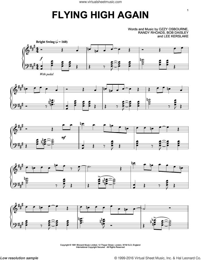 Flying High Again [Jazz version] sheet music for piano solo by Ozzy Osbourne, Bob Daisley, Lee Kerslake and Randy Rhoads, intermediate skill level