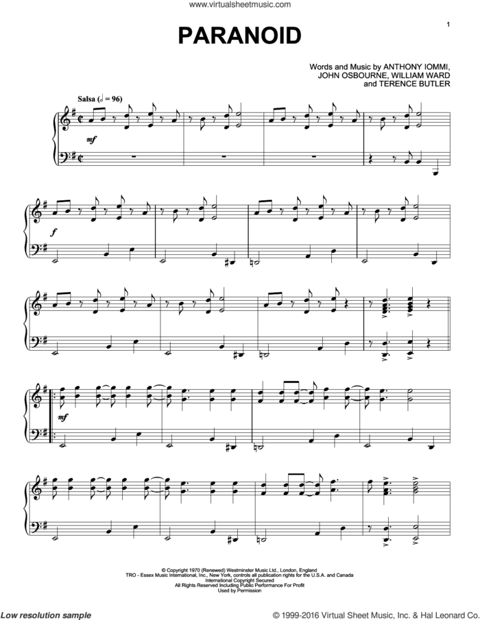 Paranoid [Jazz version] sheet music for piano solo by Black Sabbath, Ozzy Osbourne, Anthony Iommi, John Osbourne, Terence Butler and William Ward, intermediate skill level