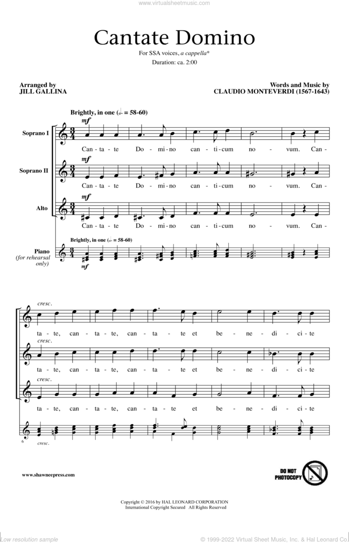 Cantate Domino sheet music for choir (SSA: soprano, alto) by Claudio Monteverdi and Jill Gallina, intermediate skill level