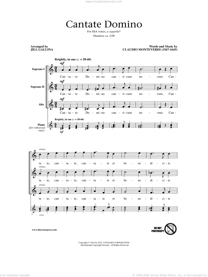 Cantate Domino sheet music for choir (SSA: soprano, alto) by Claudio Monteverdi and Jill Gallina, intermediate skill level