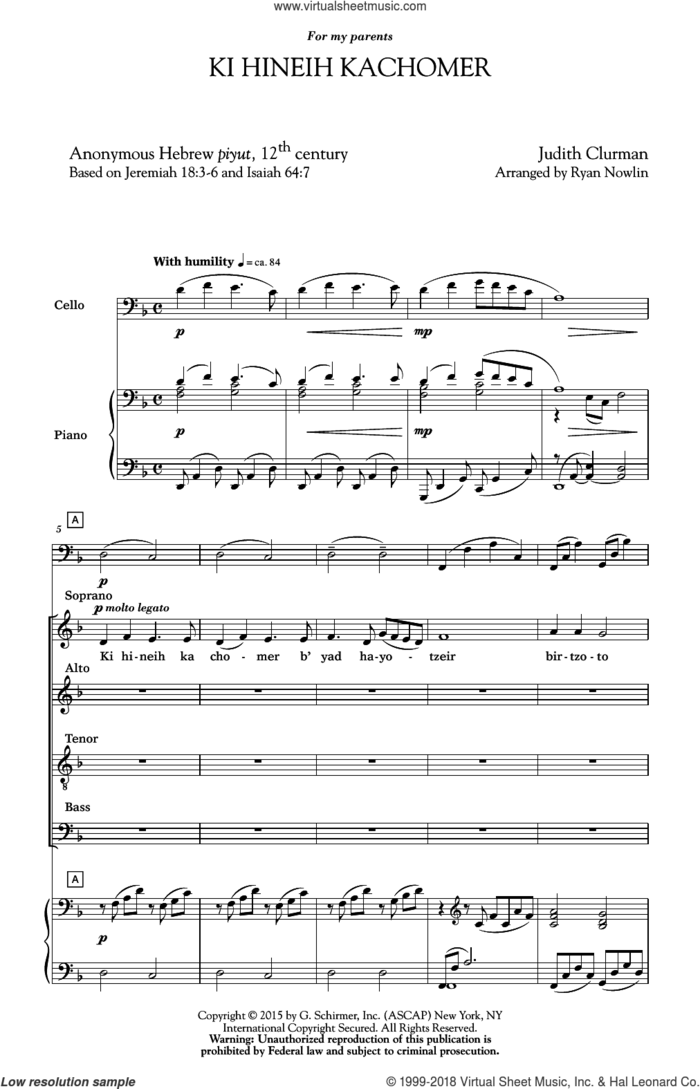Ki Hineih Kachomer sheet music for choir (SATB: soprano, alto, tenor, bass) by Judith Clurman, Ryan Nowlin and Hebrew Poem, intermediate skill level