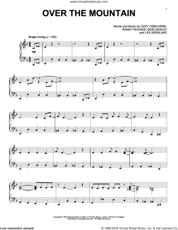 Over The Mountain [Jazz version] sheet music for piano solo by Ozzy Osbourne, Bob Daisley, Lee Kerslake and Randy Rhoads, intermediate skill level